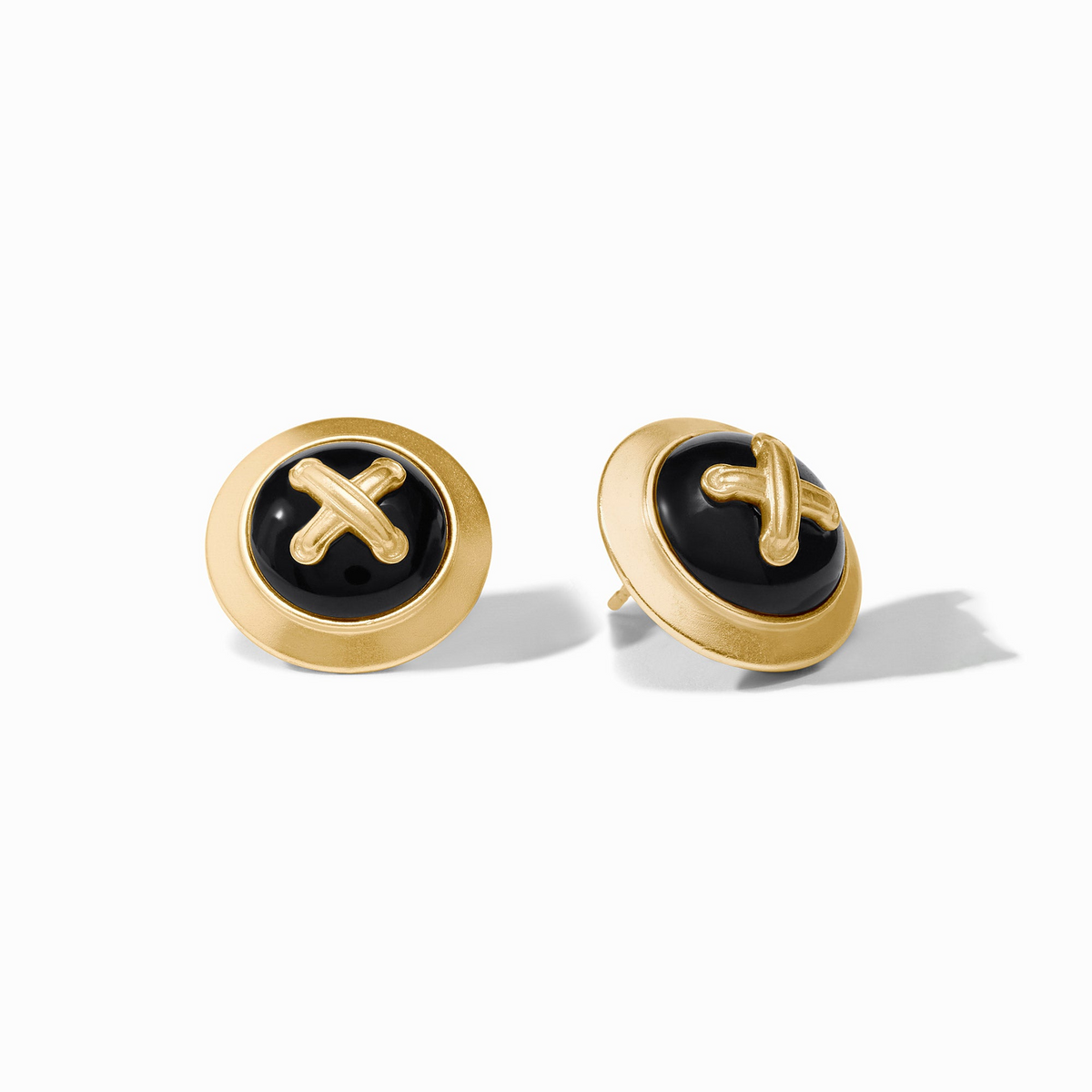 Essex Stud earrings in 24K gold plate with black onyx centers and a gold X motif.