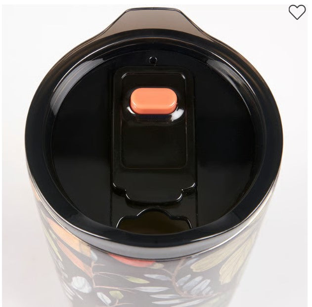 Top view of a black plastic tumbler lid featuring an orange push button spout.