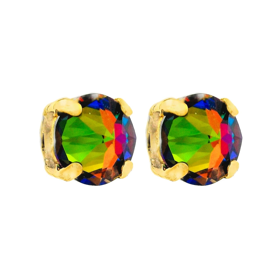 Antique gold plated brass stud earring with an 8mm clear crystal in a bohemian silhouette.