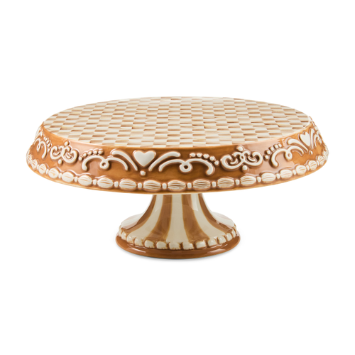 Mocha Check Gingerbread Large Pedestal Platter with brown and white checkered and scroll patterns.