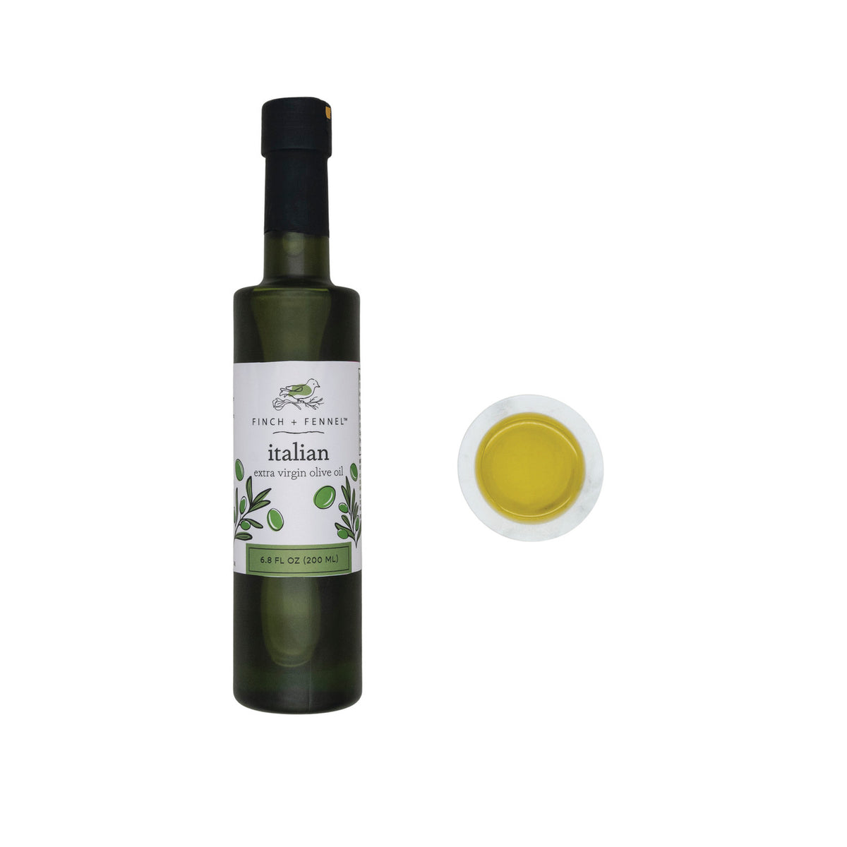 Bottle of Italian Extra Virgin Olive Oil with a dark glass body and gold label.
