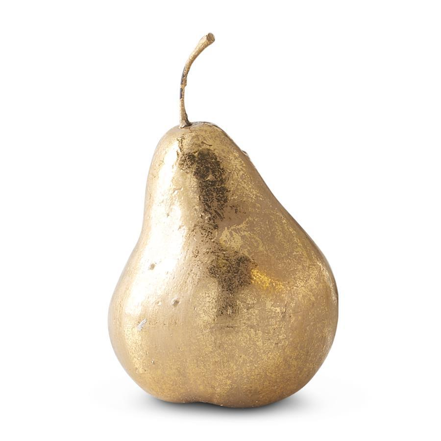 A 4-inch decorative gold pear with a metallic, textured finish and a slender stem.