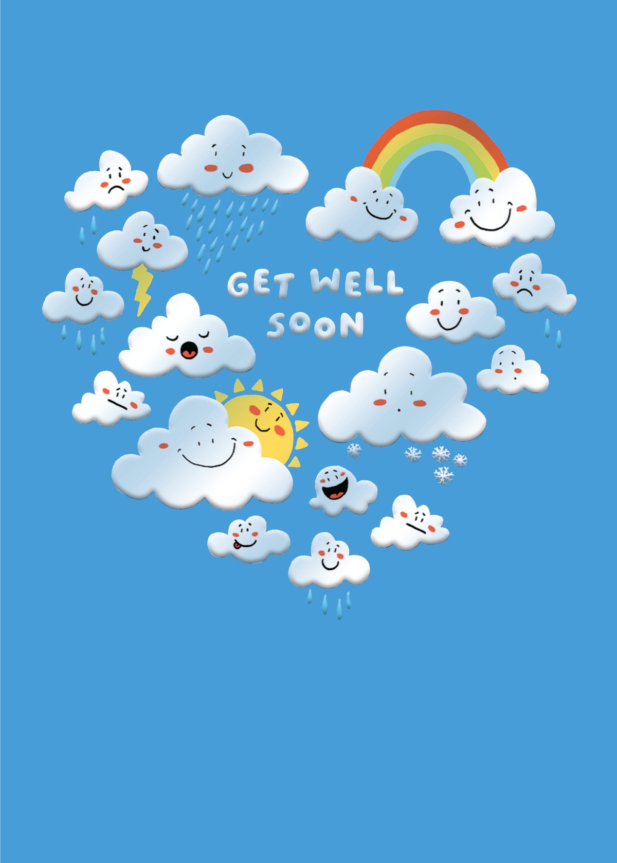 White greeting card featuring a soft cloud illustration with the text 'Get Well Clouds' in blue and pink lettering.