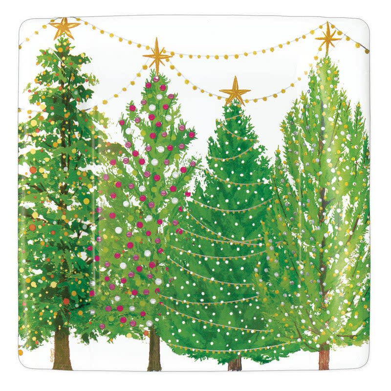 Pack of eight square paper dinner plates featuring a printed Christmas tree pattern with lights.
