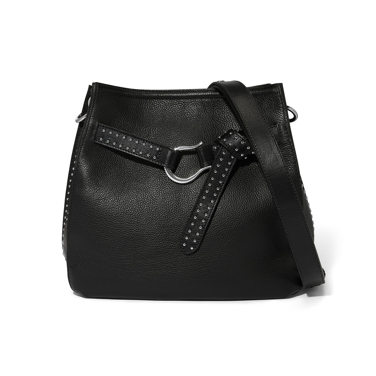 Black pebbled leather hobo bag with silver-tone studs and a horseshoe-shaped buckle detail.