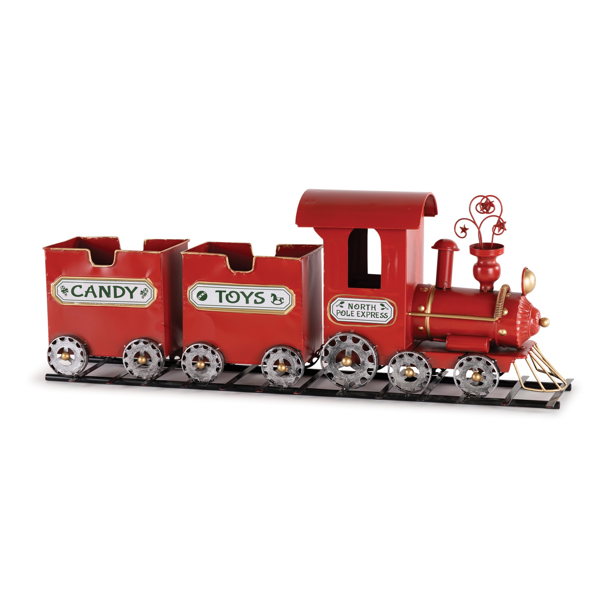 Red iron North Pole Express toy train display with Candy and Toys wagons on a black track.