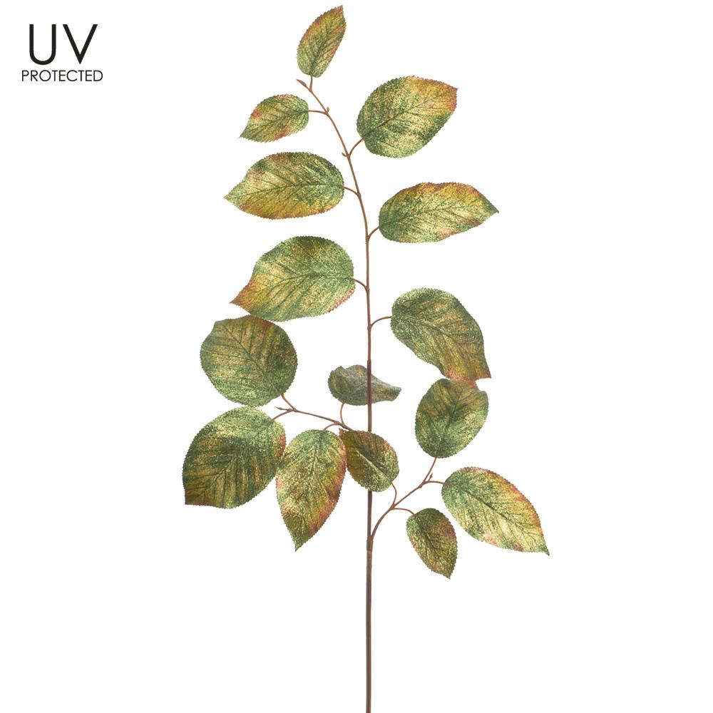 29 inch UV protected shimmer salal leaf spray in green and gold with a brown stem.
