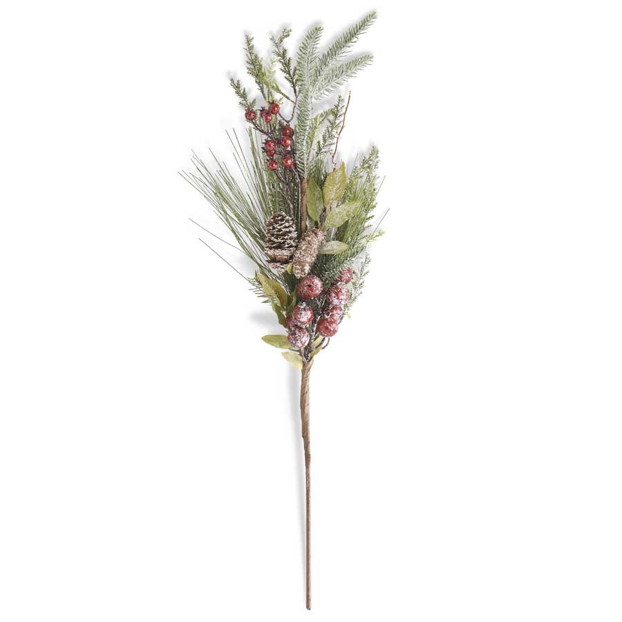 Artificial needle pine spray with red berries in a natural green foliage arrangement.