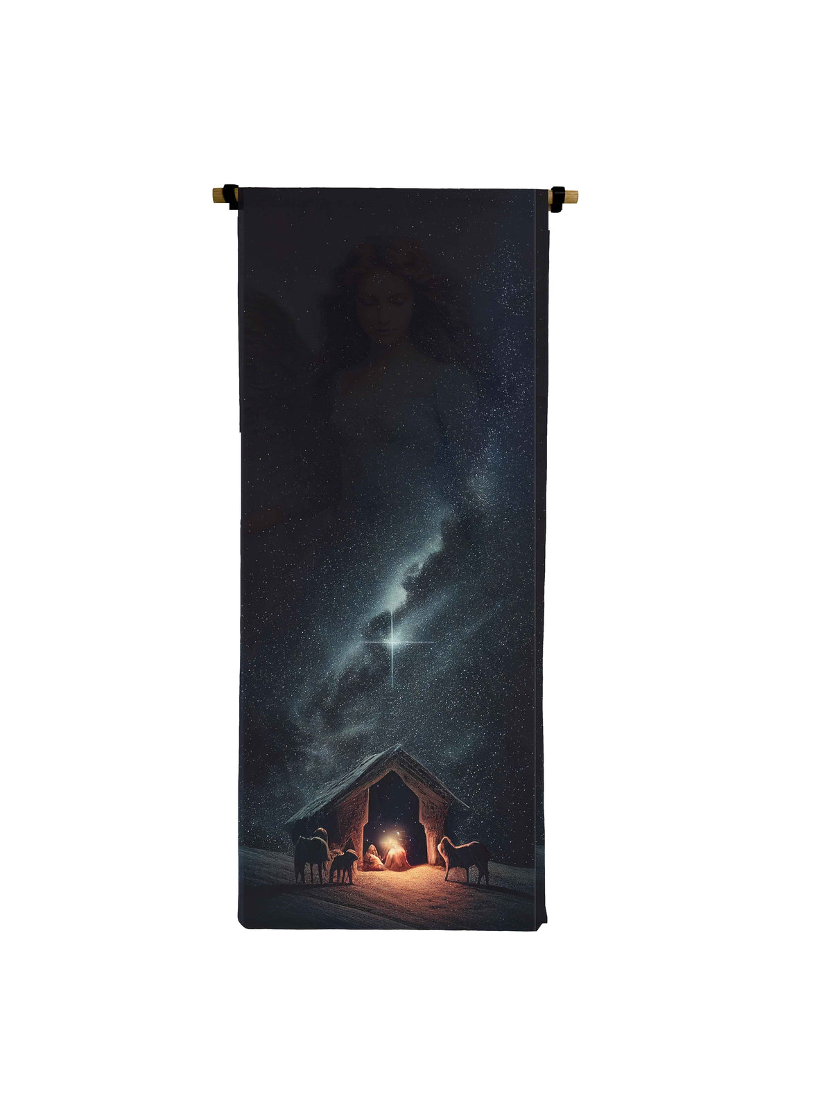 Vertical canvas scroll with raw natural fabric texture, metal hanging brackets, and dowels.