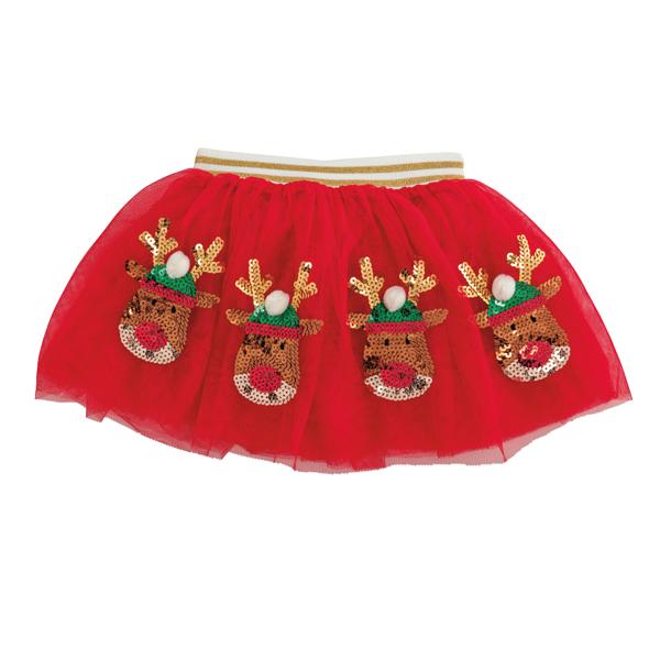 Christmas sequin tutu with layered mesh fabric, lurex elastic waistband, and festive icon pattern in red.