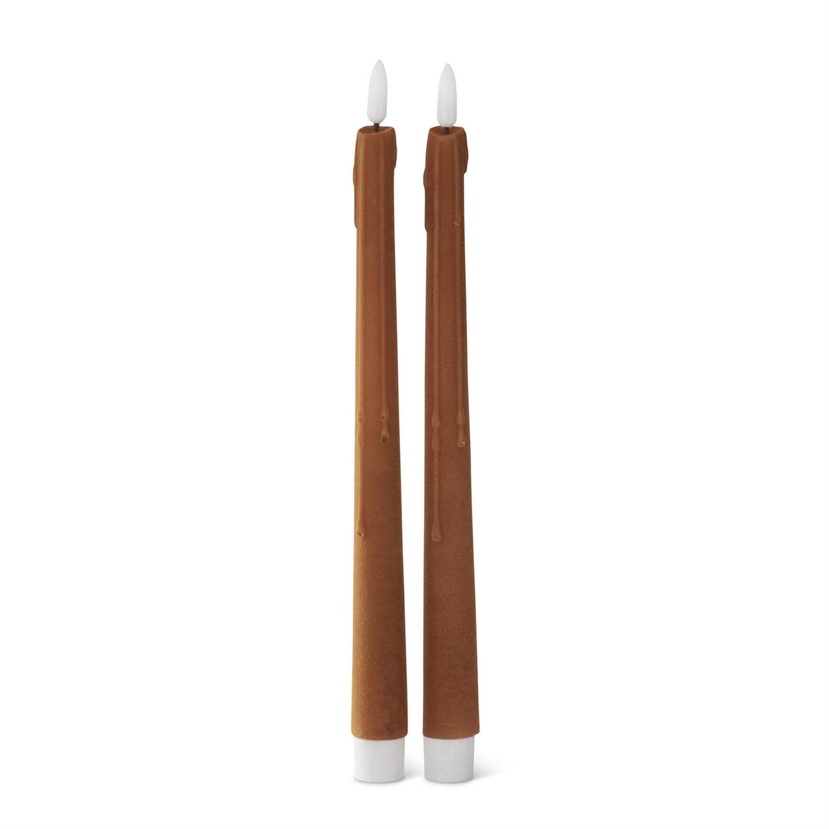 Set of two brown flocked LED taper candles with realistic wax drip details and white flame tips.