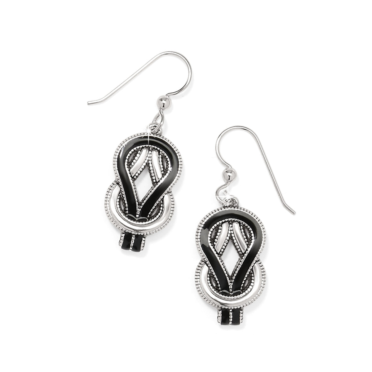 Interlok Harmony French Wire Earrings in silver-plated finish with black enamel knot design.