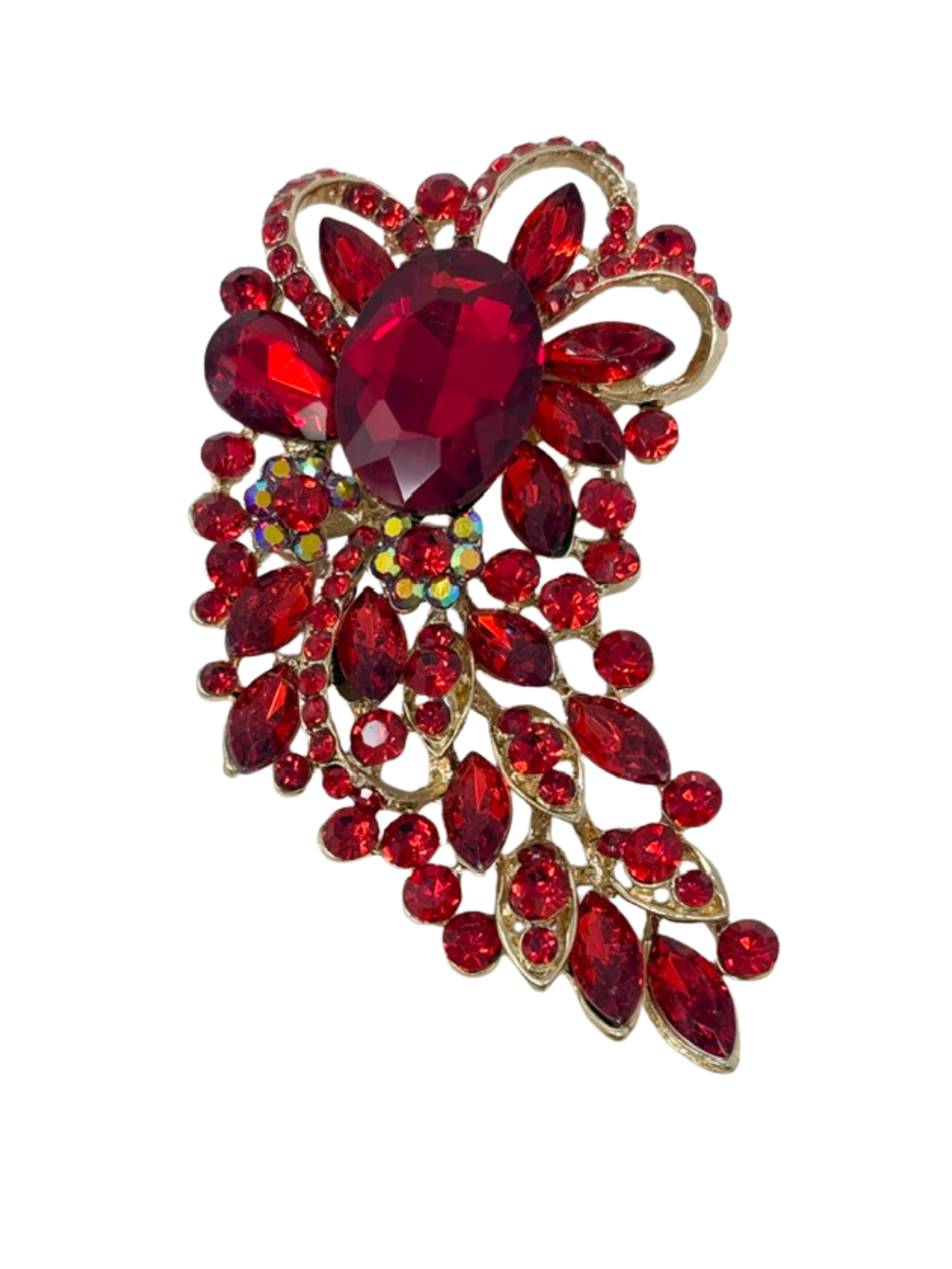 Ornate gold-tone brooch featuring a large oval red gemstone surrounded by smaller red crystals.