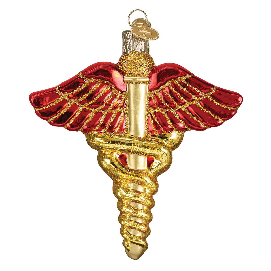 Small medical symbol ornament made of dark resin with a glossy finish.