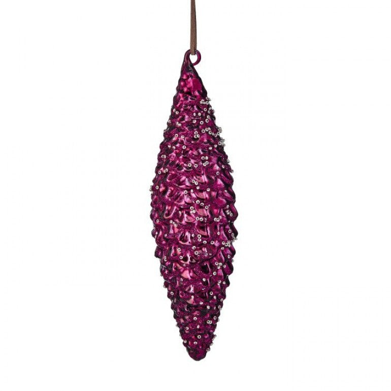 7.5-inch purple glass Southern Pine Cone ornament with silver glitter accents and a hanging loop.