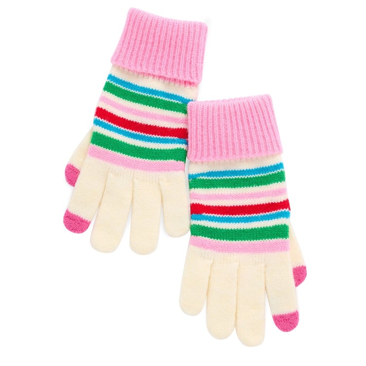 Elle Touchscreen Gloves with pink cuffs and multi-colored stripes in green, red, and pink.