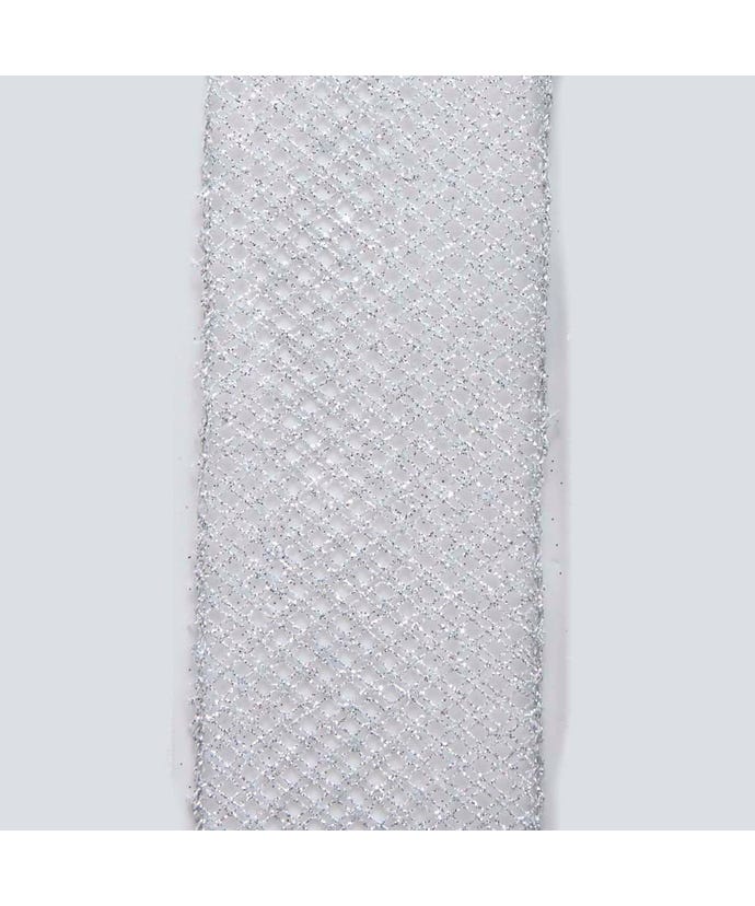 2.5 inch wide silver mesh ribbon with a shimmering diamond pattern and wired edges.