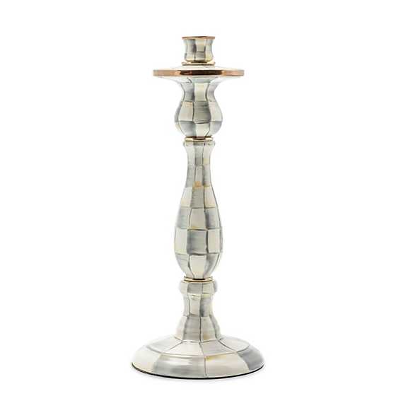 Sterling Check Enamel Candlestick with hand-painted grey and white checks and brass accents.