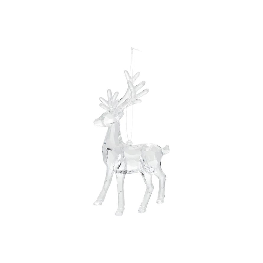 6-inch faceted acrylic deer ornament in clear with a natural brown antler silhouette.