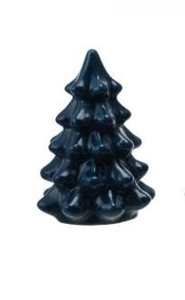 Small dark blue stoneware Christmas tree figurine with a glossy finish.