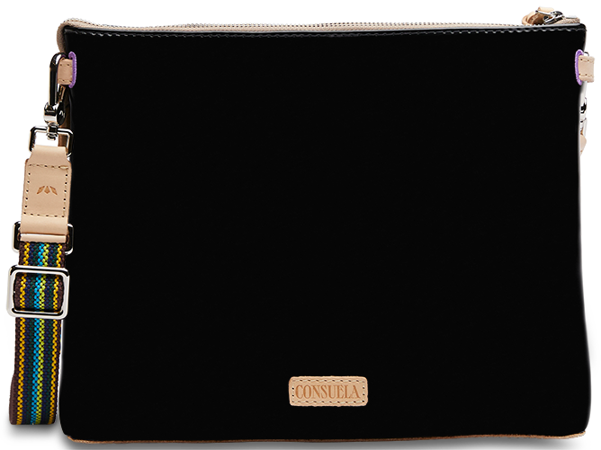Black Rita Downtown Crossbody bag with natural leather trim and a colorful woven strap.