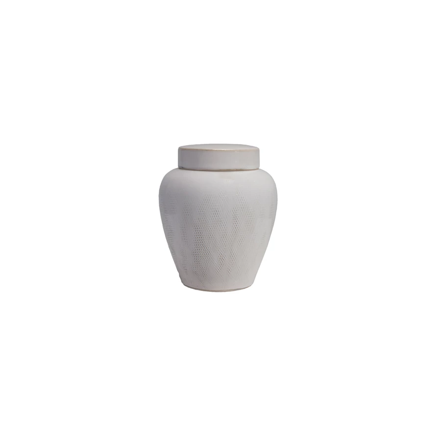 White debossed stoneware ginger jar with a matching lid and subtle textured pattern.