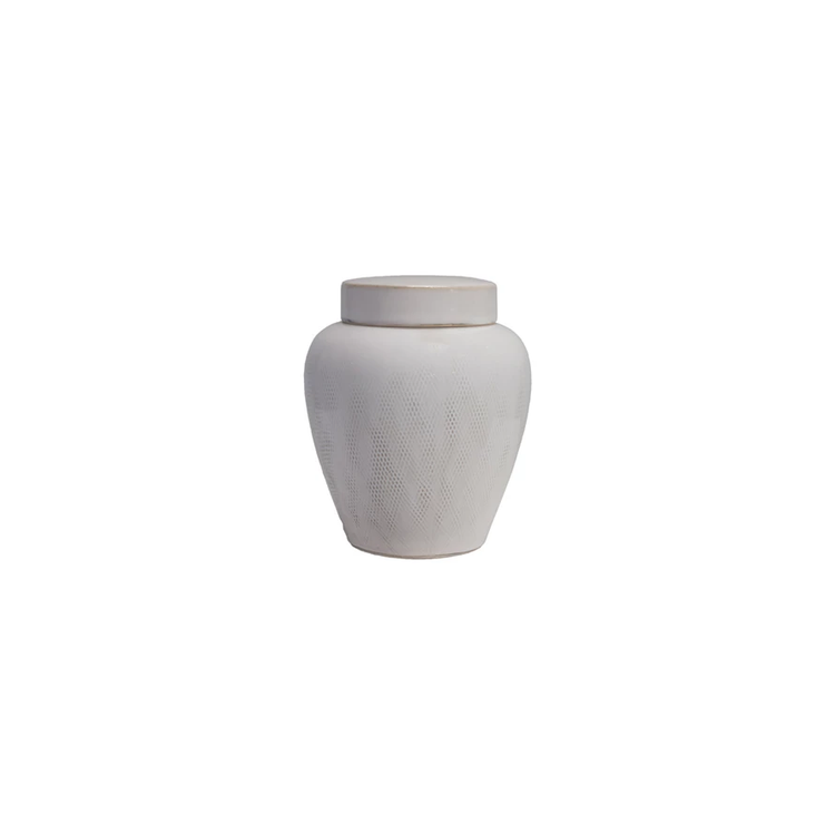 White debossed stoneware ginger jar with a matching lid and subtle textured pattern.