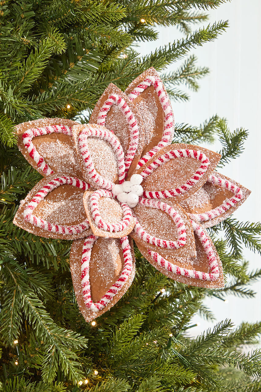 22-inch sugar and spice poinsettia stem with gingerbread-style petals and candy cane trim.