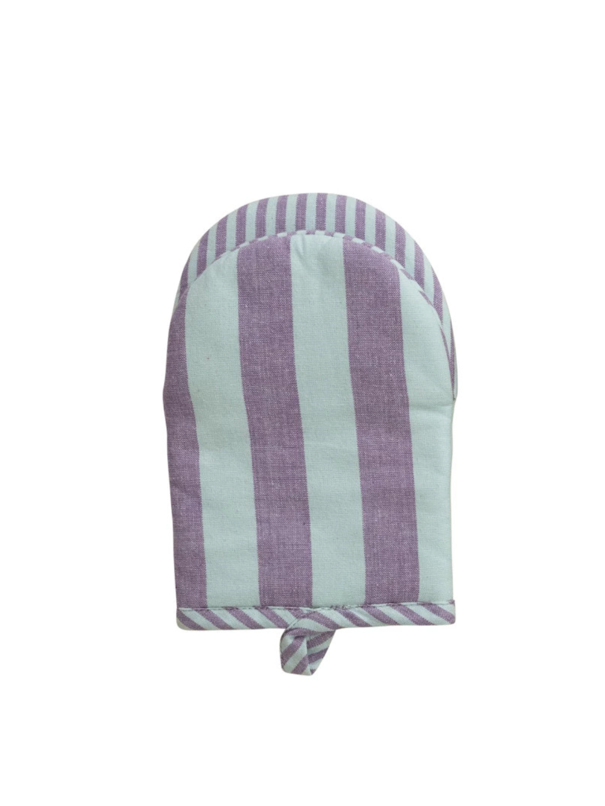 Woven cotton oven mitt with vertical stripes in neutral tones