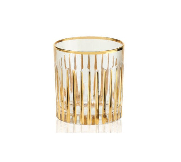 Round gold glass candle holder with a smooth reflective surface.