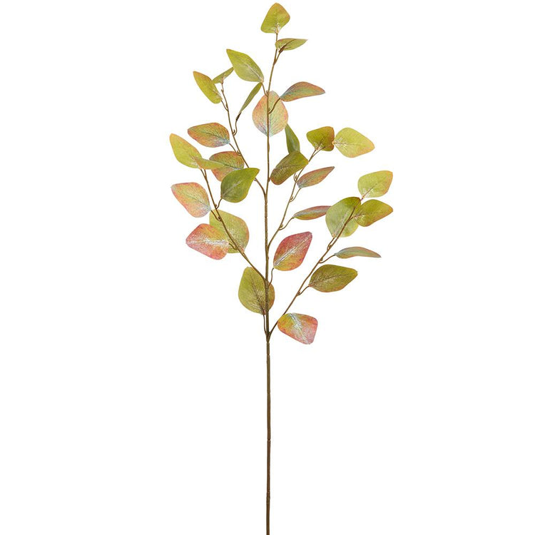 35-inch green eucalyptus leaf spray with fabric leaves and a brown wire stem.