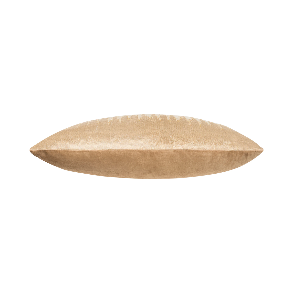 Side view of a 22x22 beige and gold velvet pillow with beaded detailing and a zipper closure.
