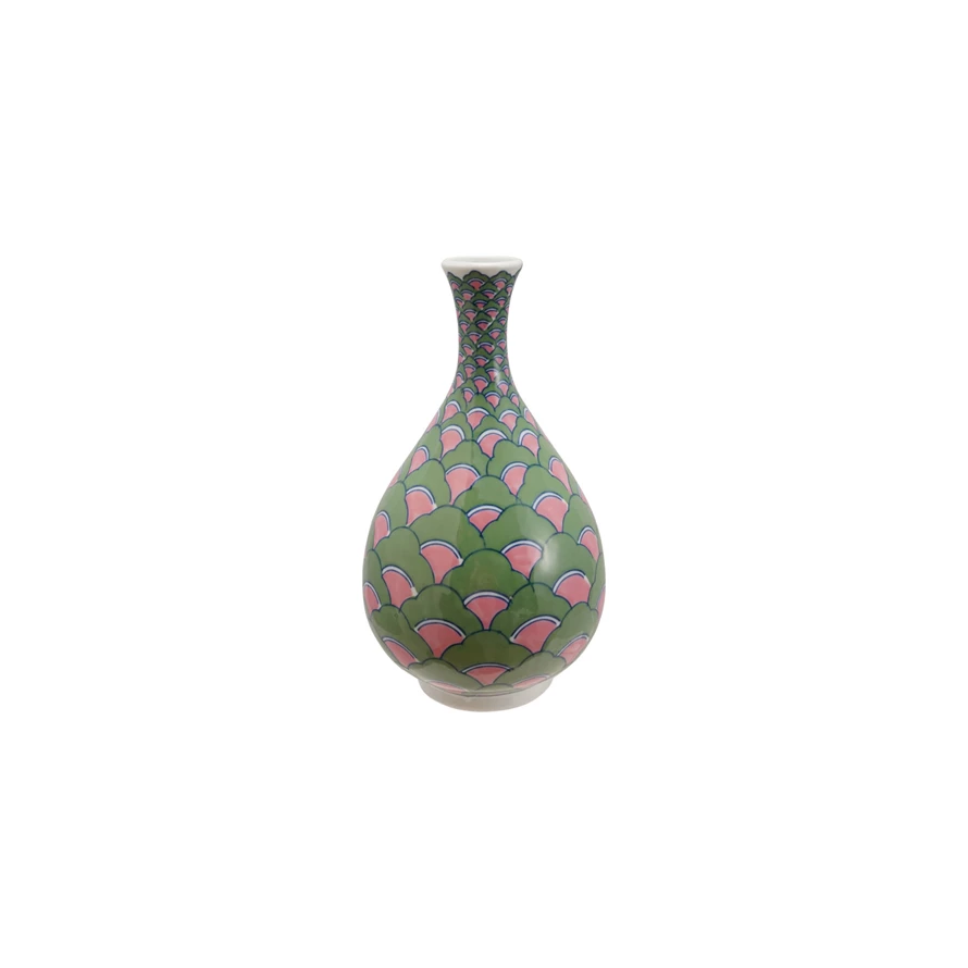 Round green stoneware vase with pink and blue hand-painted pattern