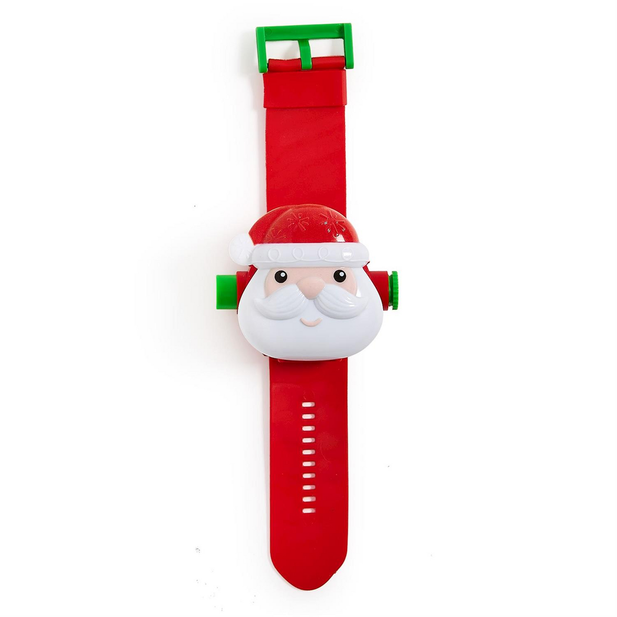 Santa digital watch with a red strap, green buckle, and a Santa Claus face projector.