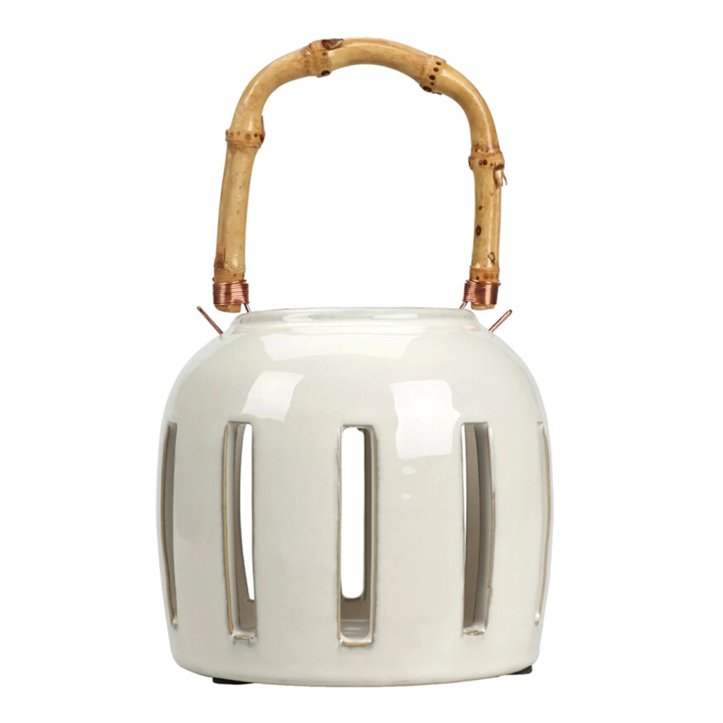 Ceramic lantern with bamboo handle in natural tones