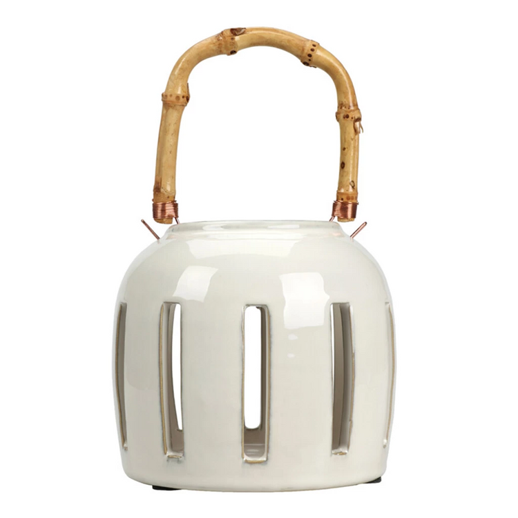 Ceramic lantern with bamboo handle in natural tones