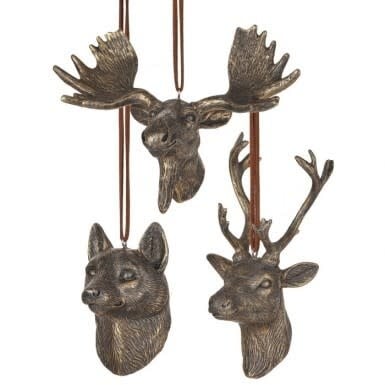 Set of three antique copper resin animal ornaments featuring deer, fox, and moose silhouettes.