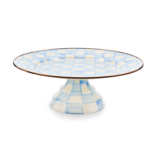 Large pedestal platter with hand-painted sky blue check pattern on steel base, rimmed in bronzed stainless steel.