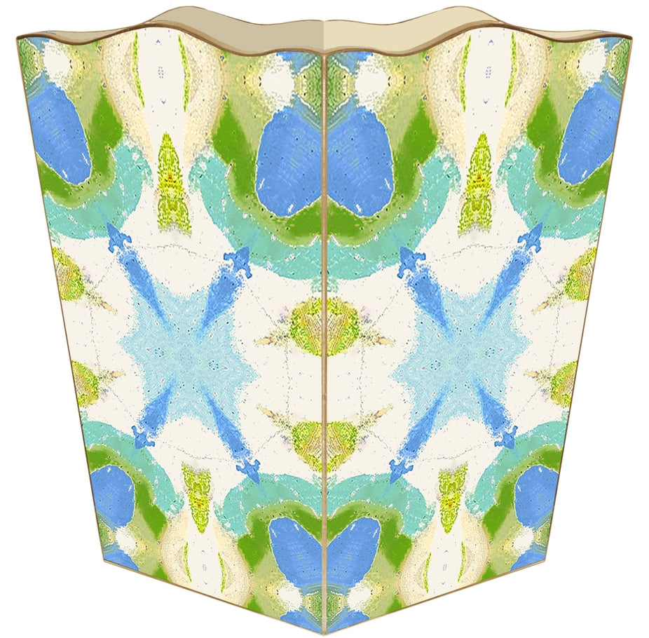 Scalloped top wastepaper basket with a blue, green, and yellow abstract watercolor pattern.