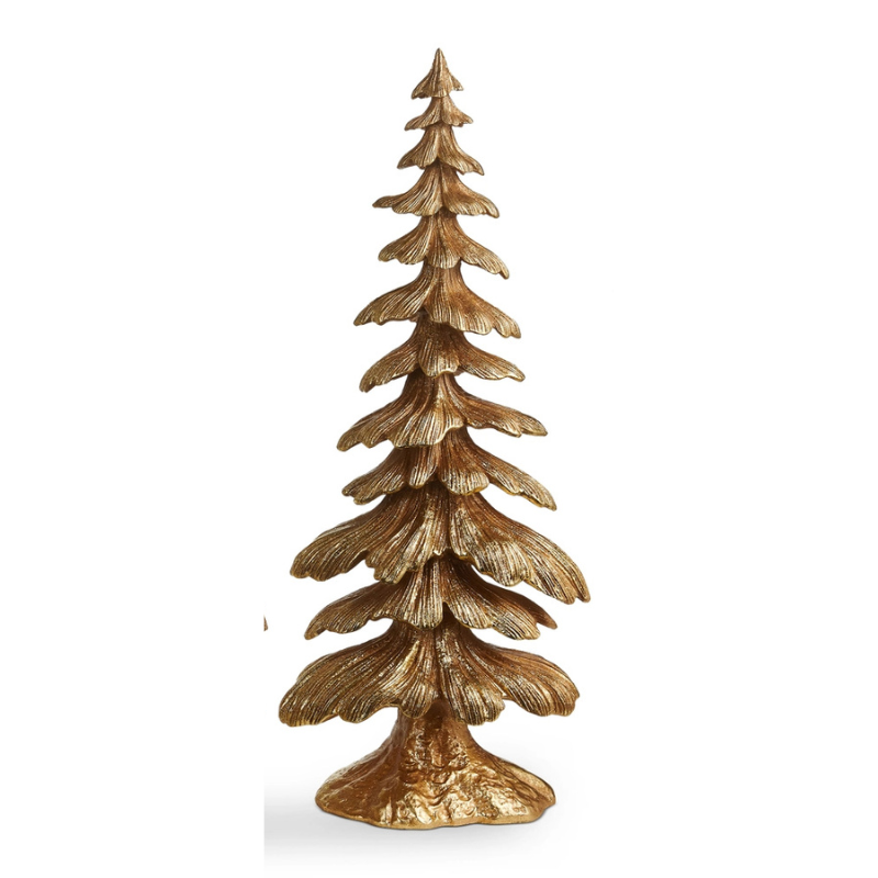 Gold-finished layered tree tabletop statue with textured evergreen branches and a rustic base.