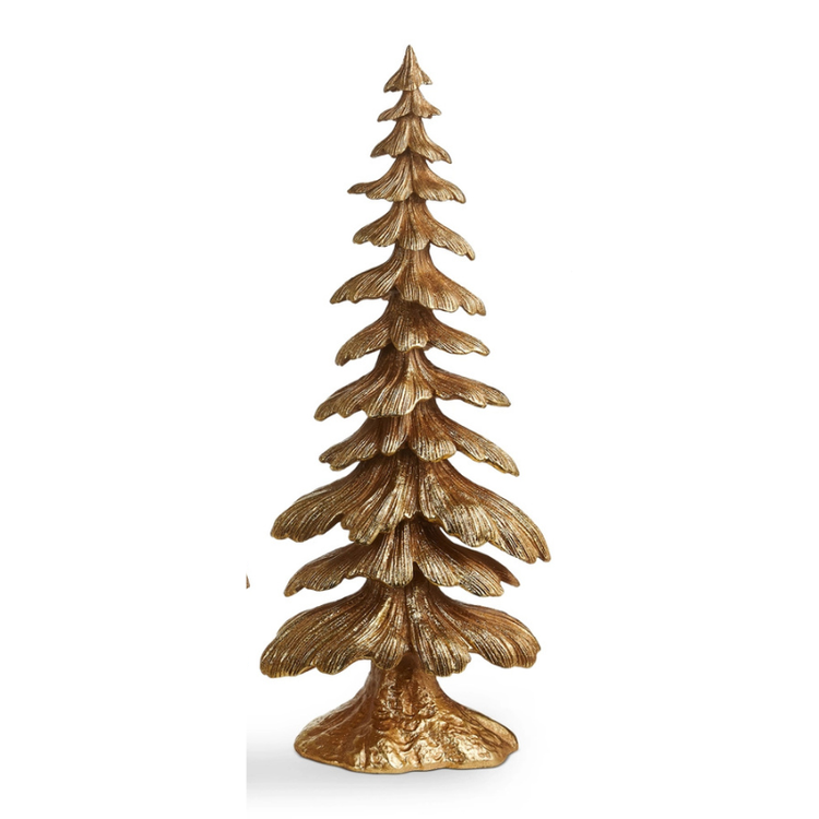 Gold-finished layered tree tabletop statue with textured evergreen branches and a rustic base.
