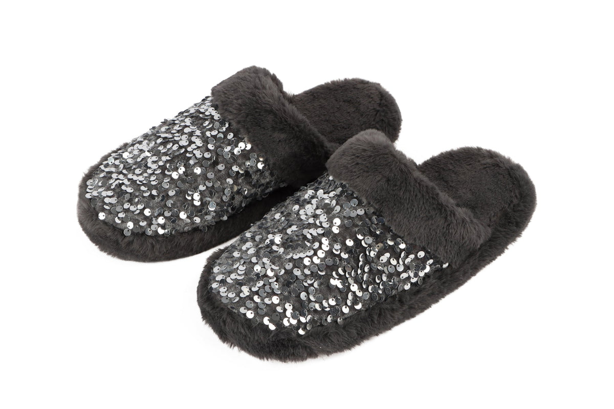 Women's glam slide slipper with soft soles featuring grippers on the bottom.