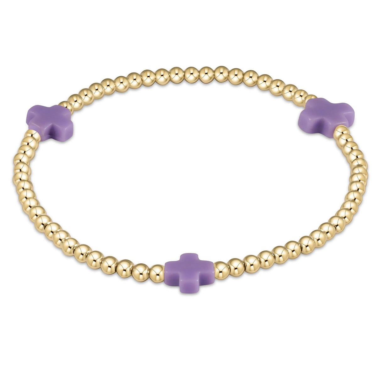 Signature Cross 3mm gold-filled beaded bracelet with three purple cross accents.