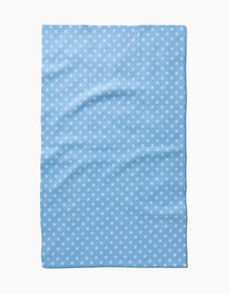 Recycled polyester waffle weave tea towel with single-sided print.
