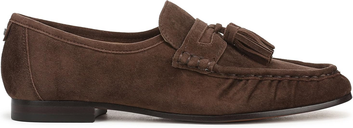 Side view of a brown suede Lana tassel loafer with hand-finished tassels and a low heel.