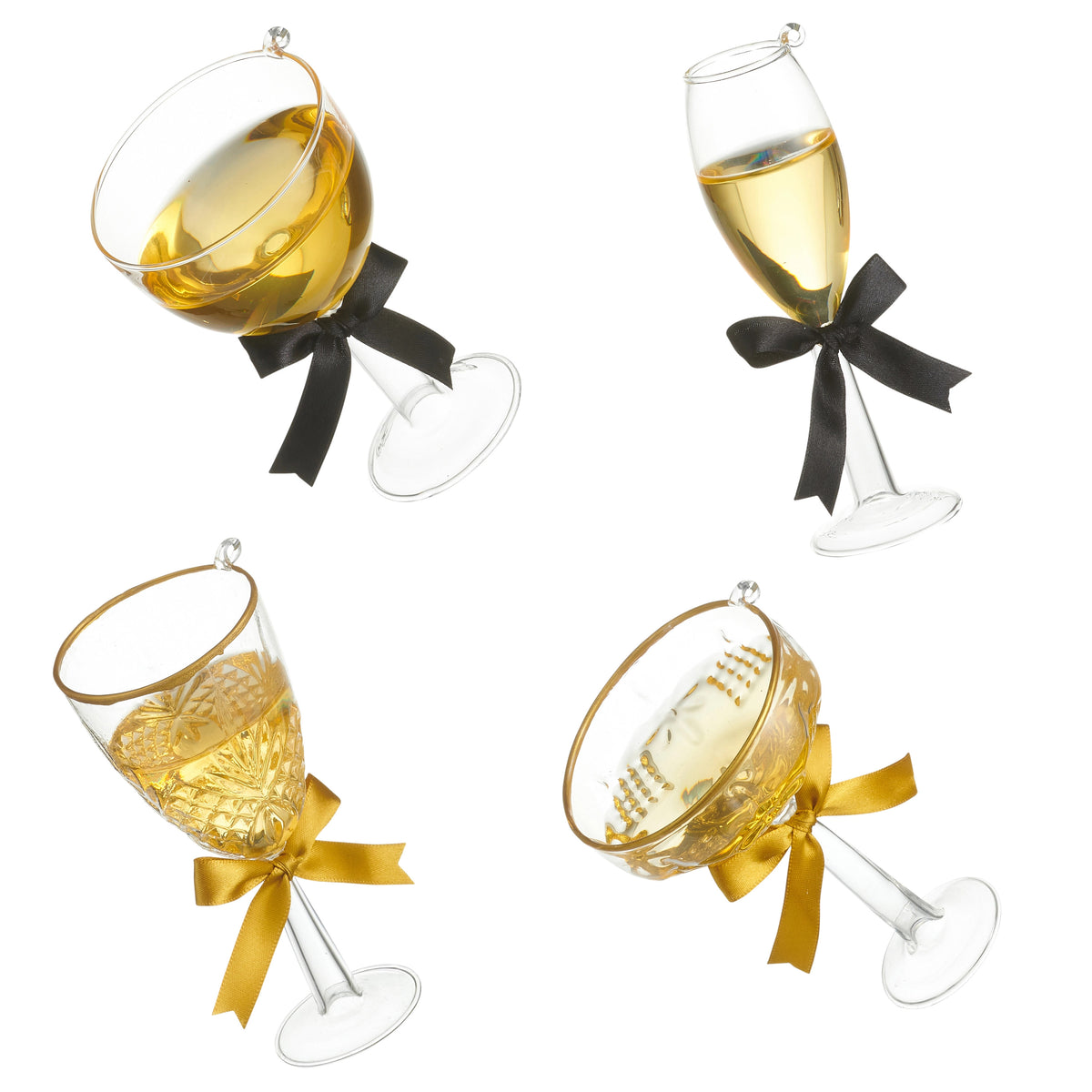Four styles of glass champagne flute ornaments with gold liquid, gold rims, and black or gold bows.