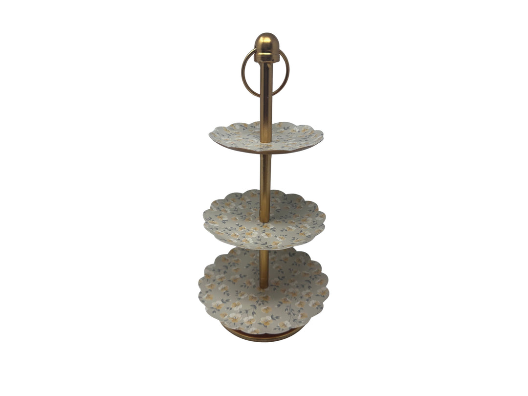 Three-tier tray with floral pattern plates and a gold-finished center post and ring handle.