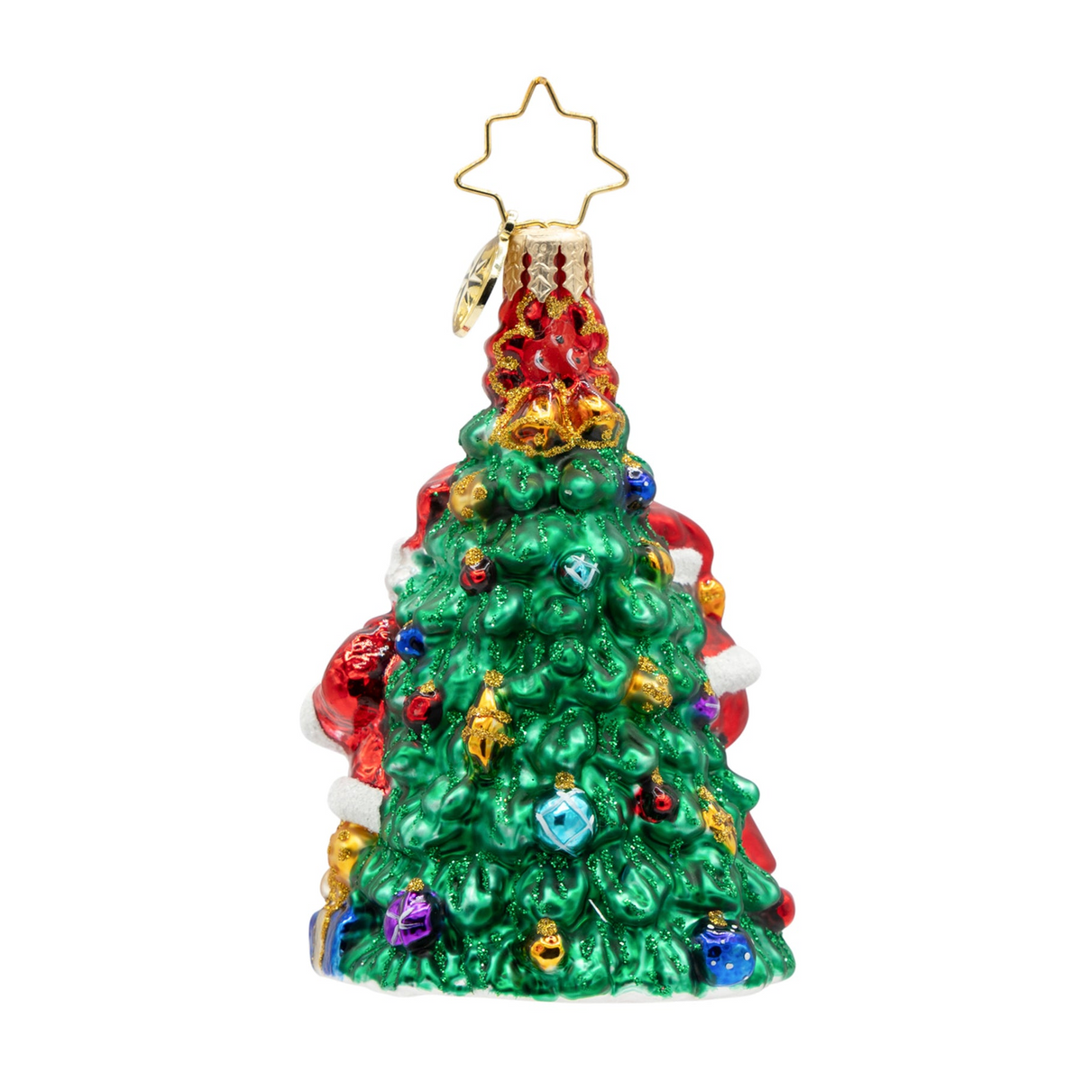 Holiday Harmony Gem glass ornament featuring Santa and Mrs. Claus decorating a green Christmas tree.