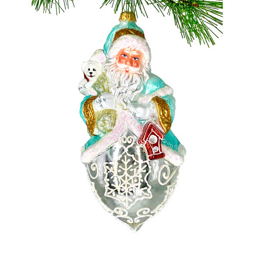 Glass Santa ornament with a teddy bear and birdhouse, 9 inches tall.