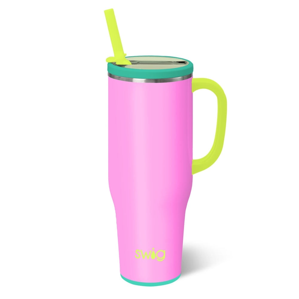 40oz leakproof mug in black with a sleek cylindrical shape.
